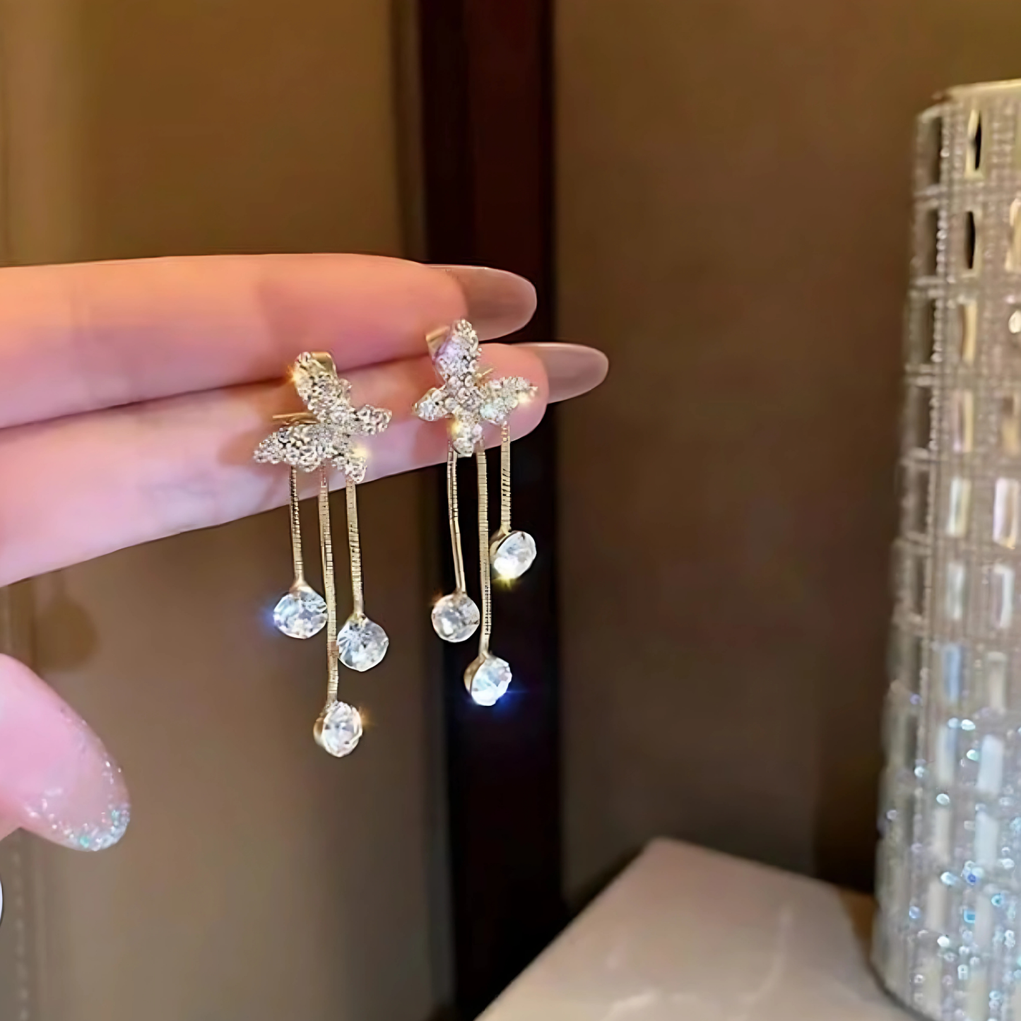 Trendy Gold Tone Pave Crystal Flower Teardrop Dangles