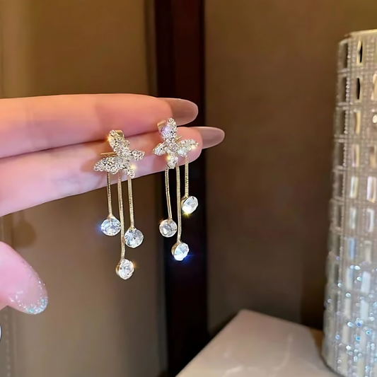 Trendy Gold Tone Pave Crystal Flower Teardrop Dangles