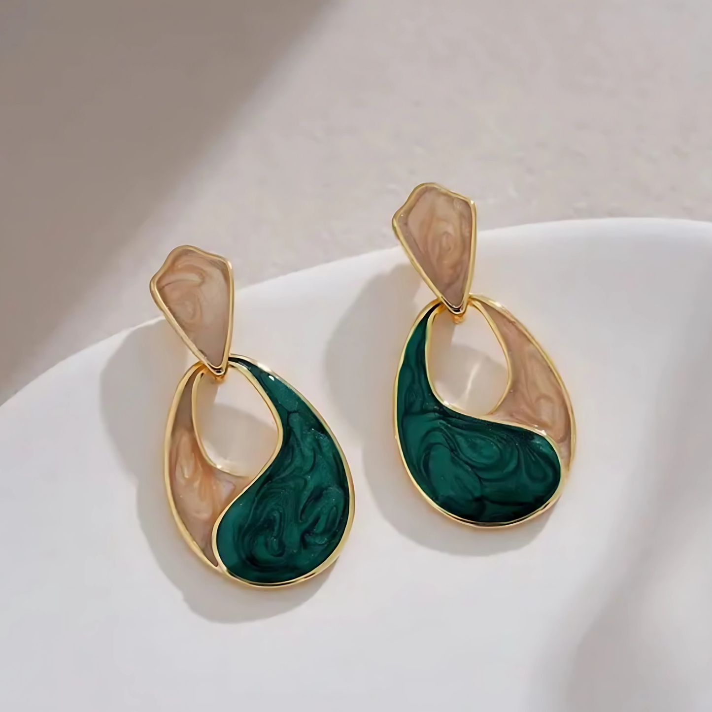 Trendy Gold Tone Green and Beige Swirl Enamel Dangles
