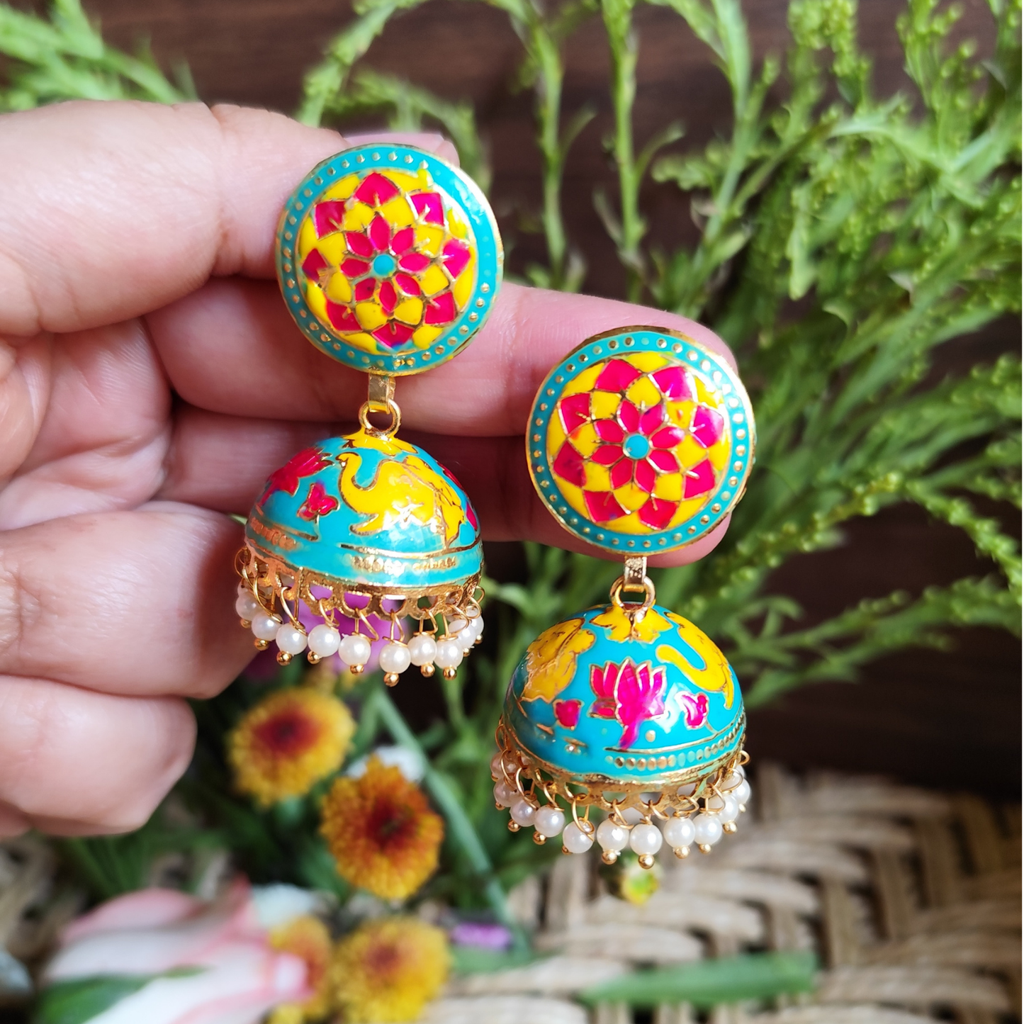 Teal Blue Vibrant Floral Meenakari Jhumki: Ethnic & Modern Flair!