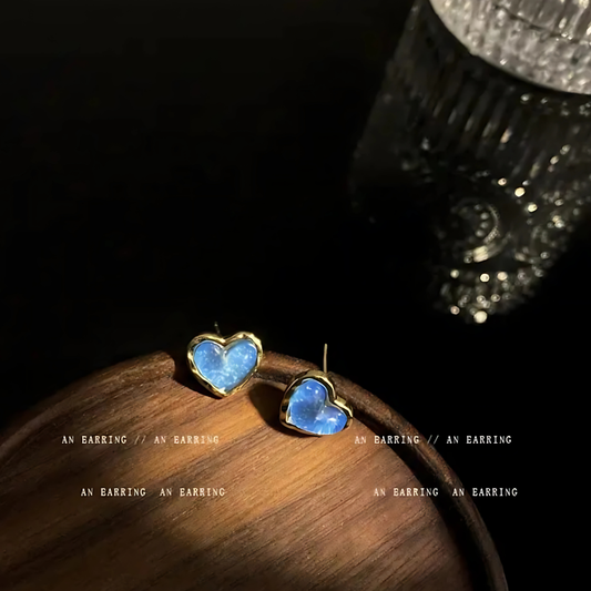 Minimalist Gold Tone Light Blue Enamel Heart Studs