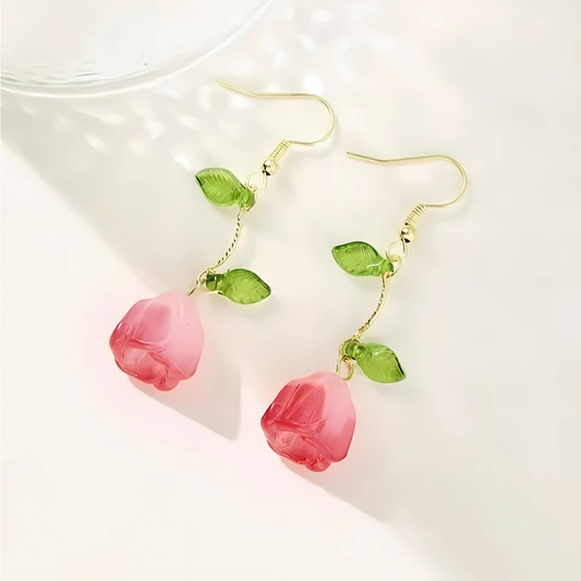 Pink Tulip Flower Dangle Earrings
