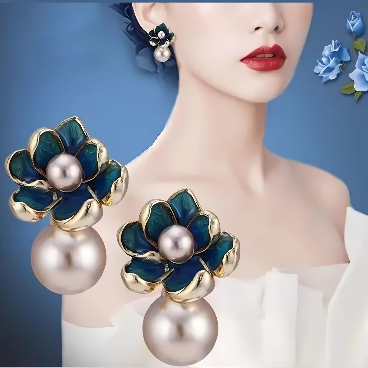 Gold Tone Teal Petal Flower Large Pearl Dangles