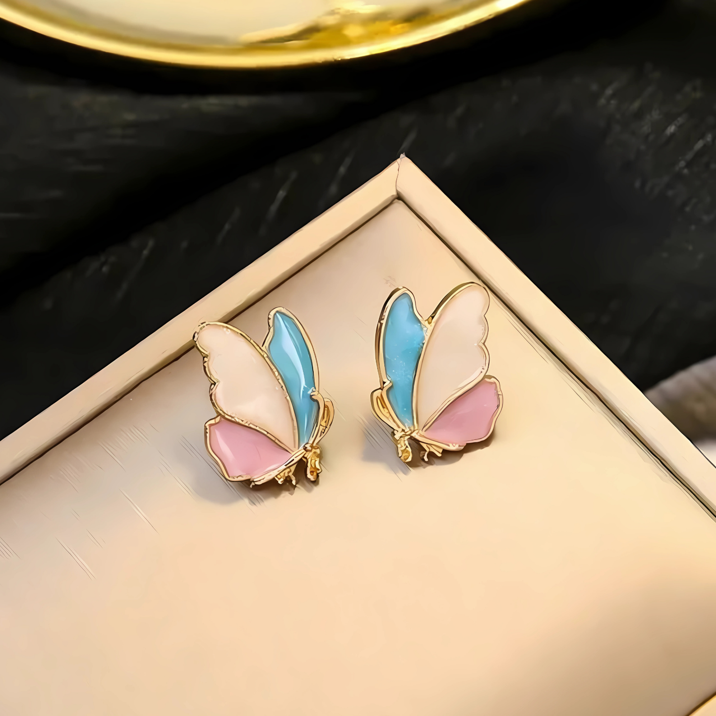 Elegant Pink Blue White Enamel Butterfly Studs