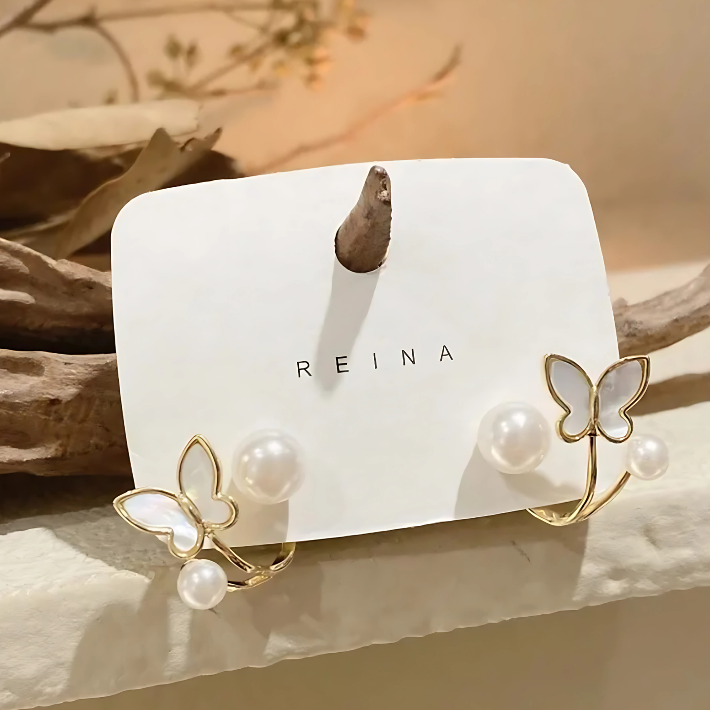 Elegant Gold Tone Mother of Pearl Butterfly Studs