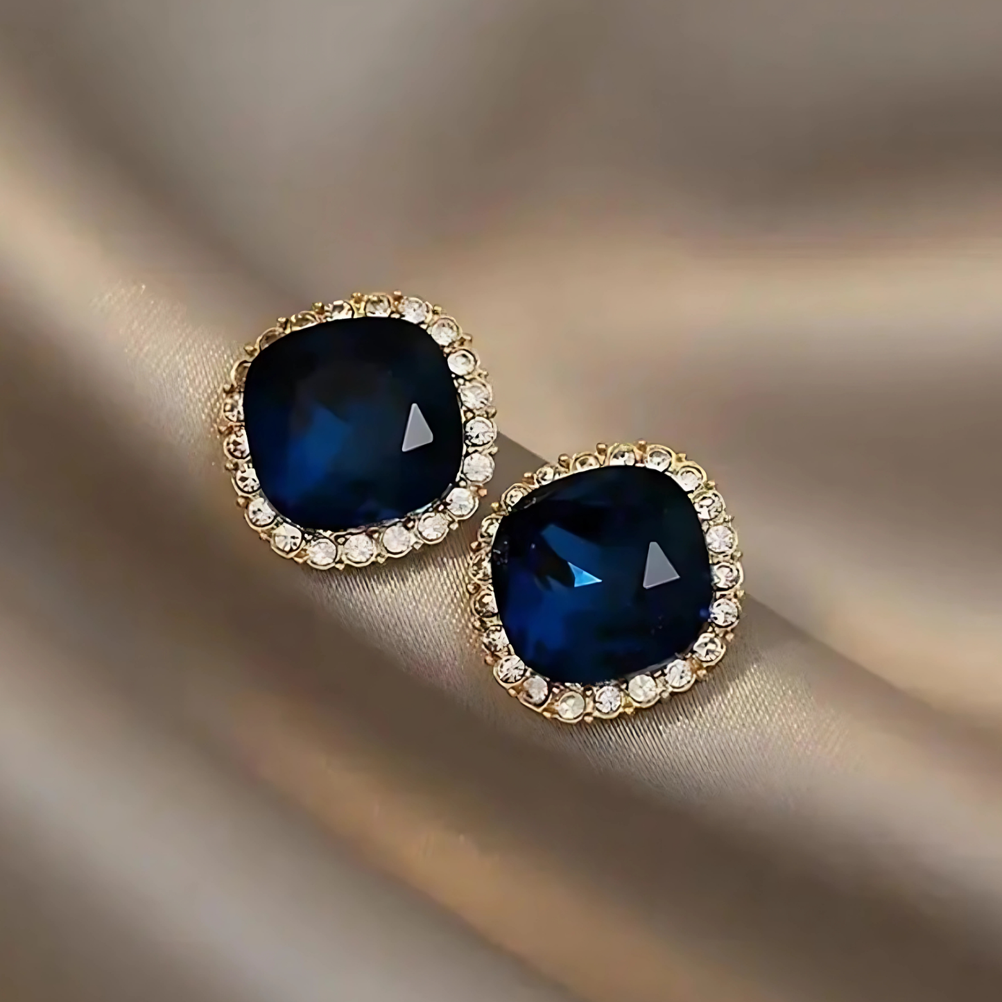 Gold Tone Navy Blue Cushion Cut Crystal Studs