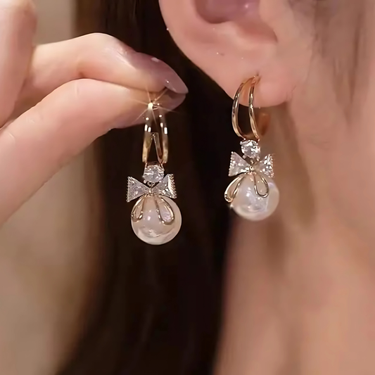 Elegant Gold Tone Pearl Crystal Bow Drop Hoops