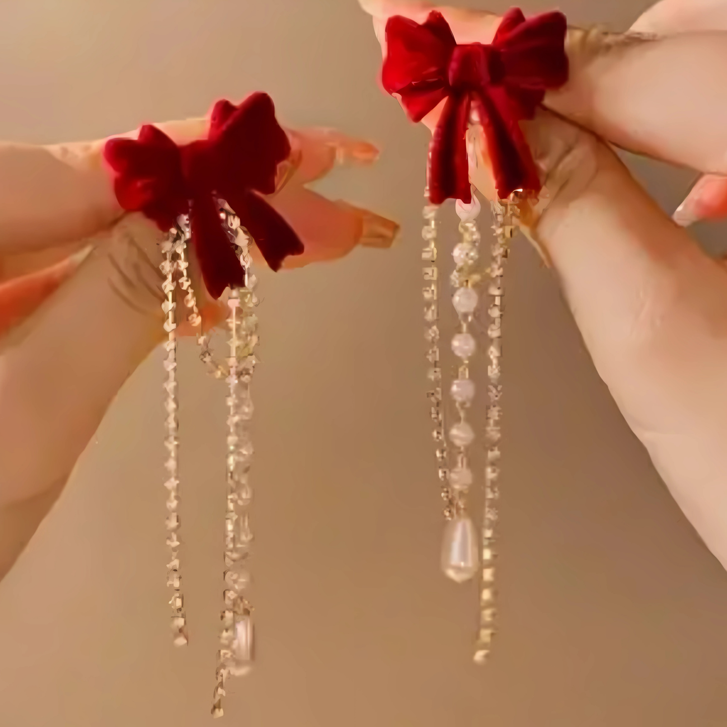 Beautiful Gold Tone Red Velvet Bow Rhinestone Pearl Tassel Dangles