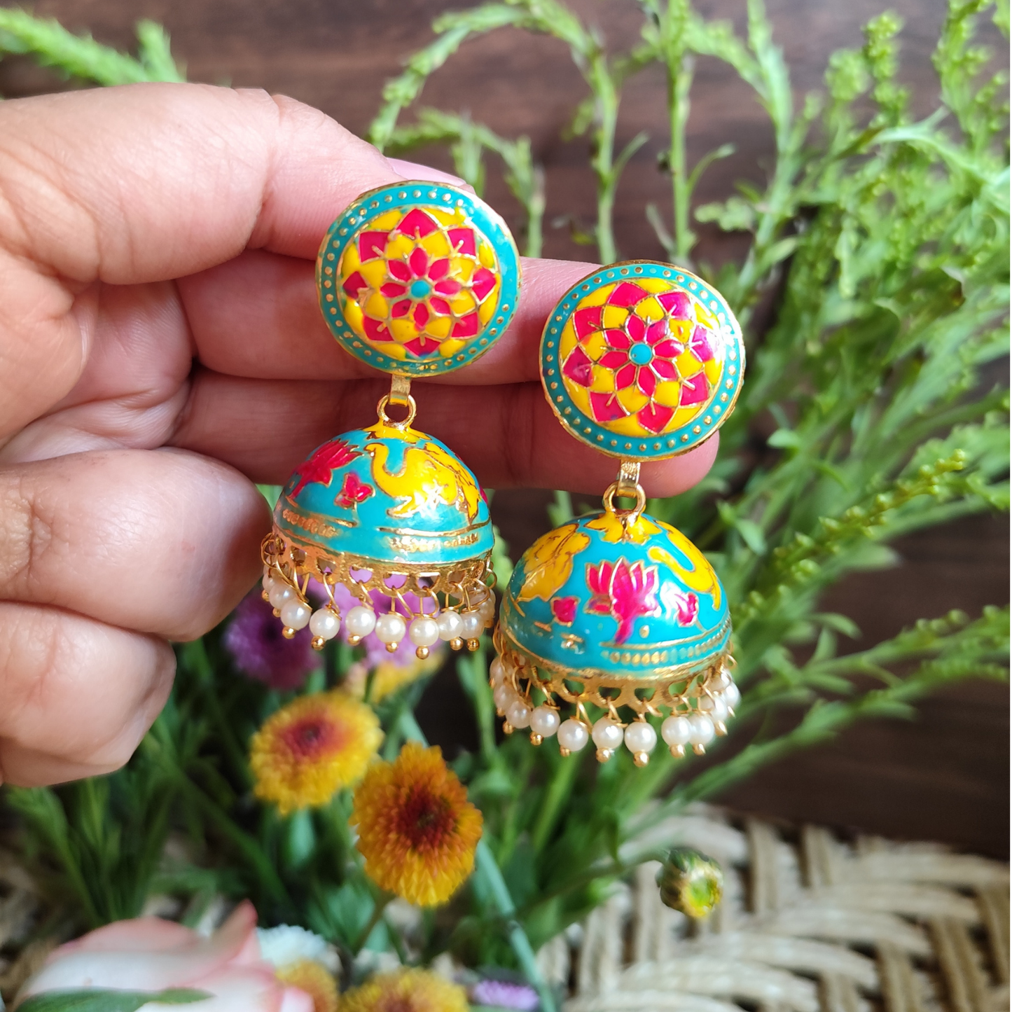 Teal Blue Vibrant Floral Meenakari Jhumki: Ethnic & Modern Flair!