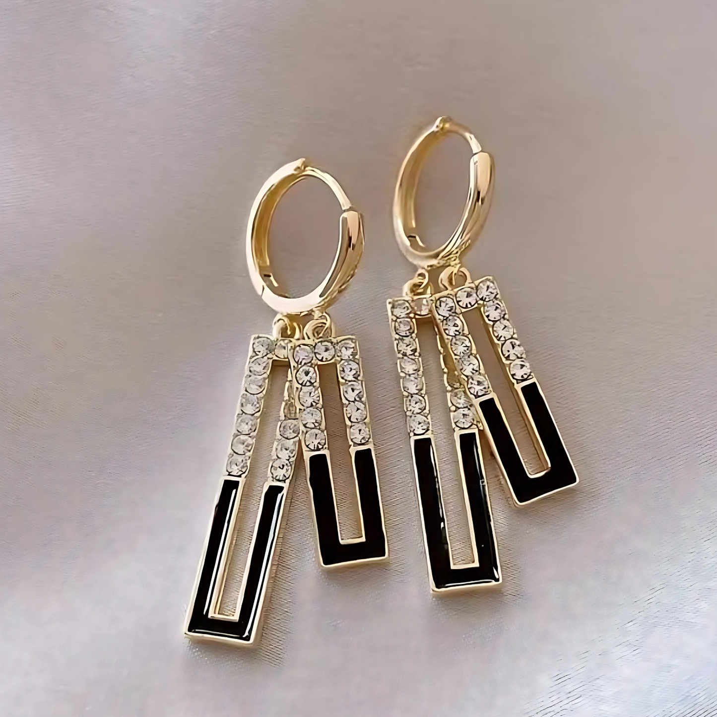 Gold Tone Black Enamel Crystal Rectangle Dangles