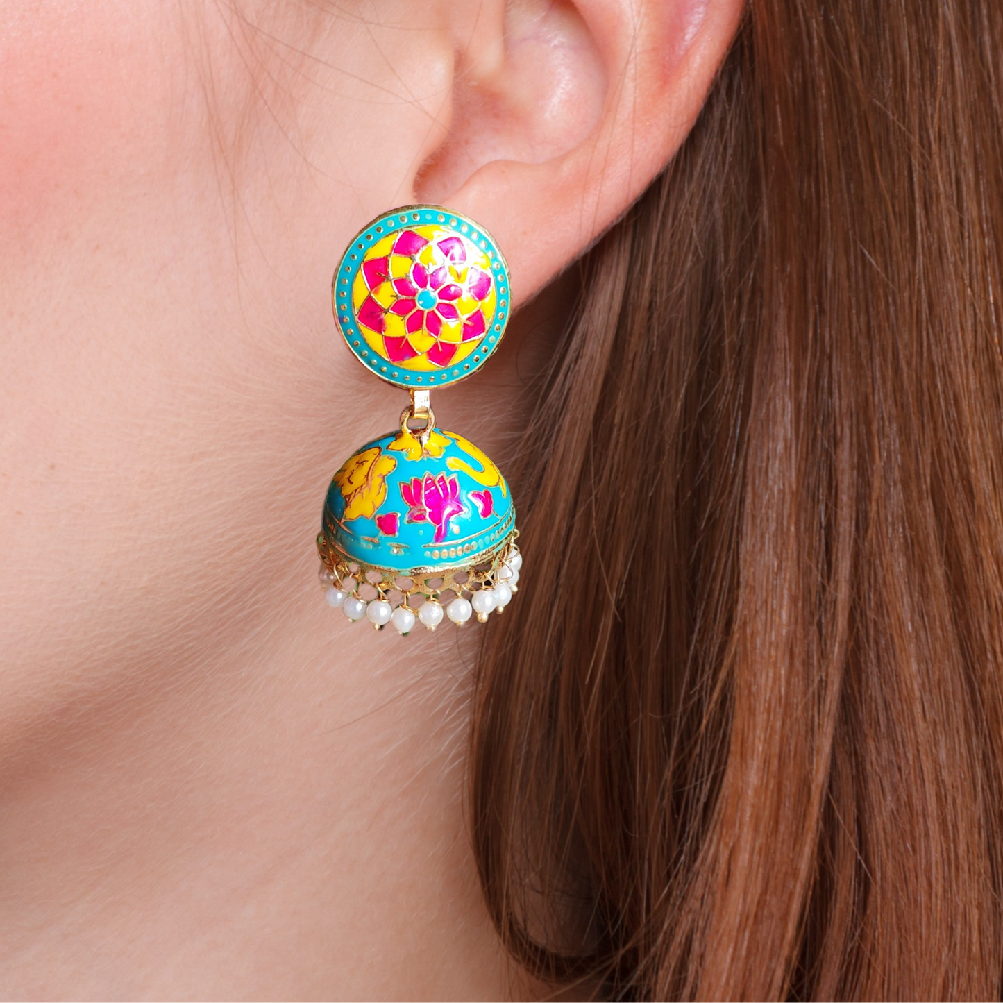 Teal Blue Vibrant Floral Meenakari Jhumki: Ethnic & Modern Flair!