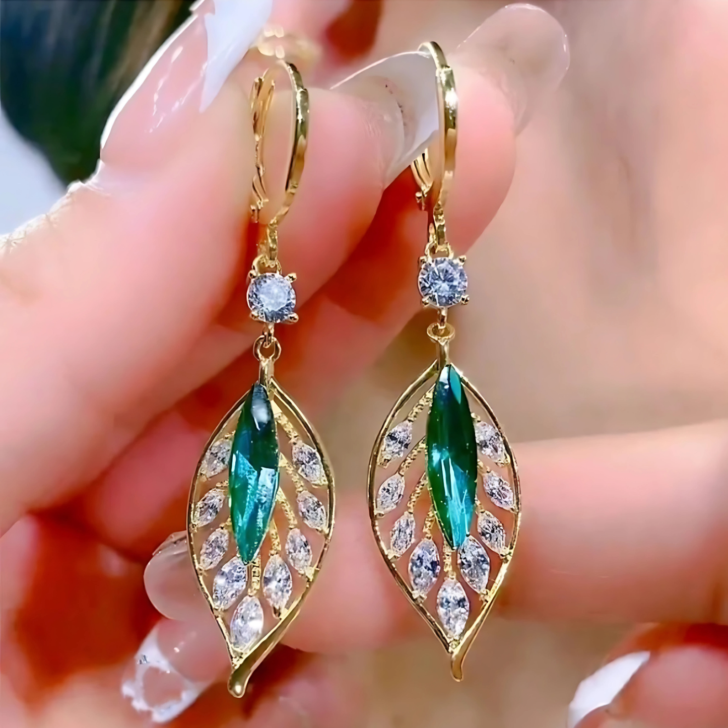 Gold Tone Emerald Green Crystal Leaf Dangles
