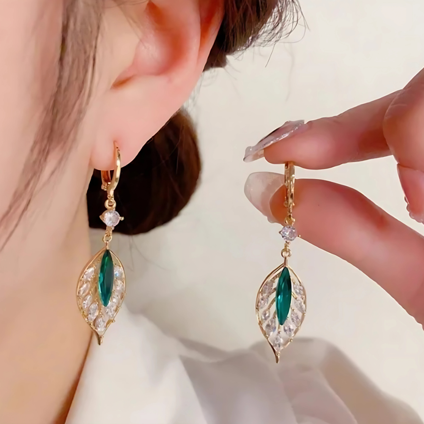 Gold Tone Emerald Green Crystal Leaf Dangles