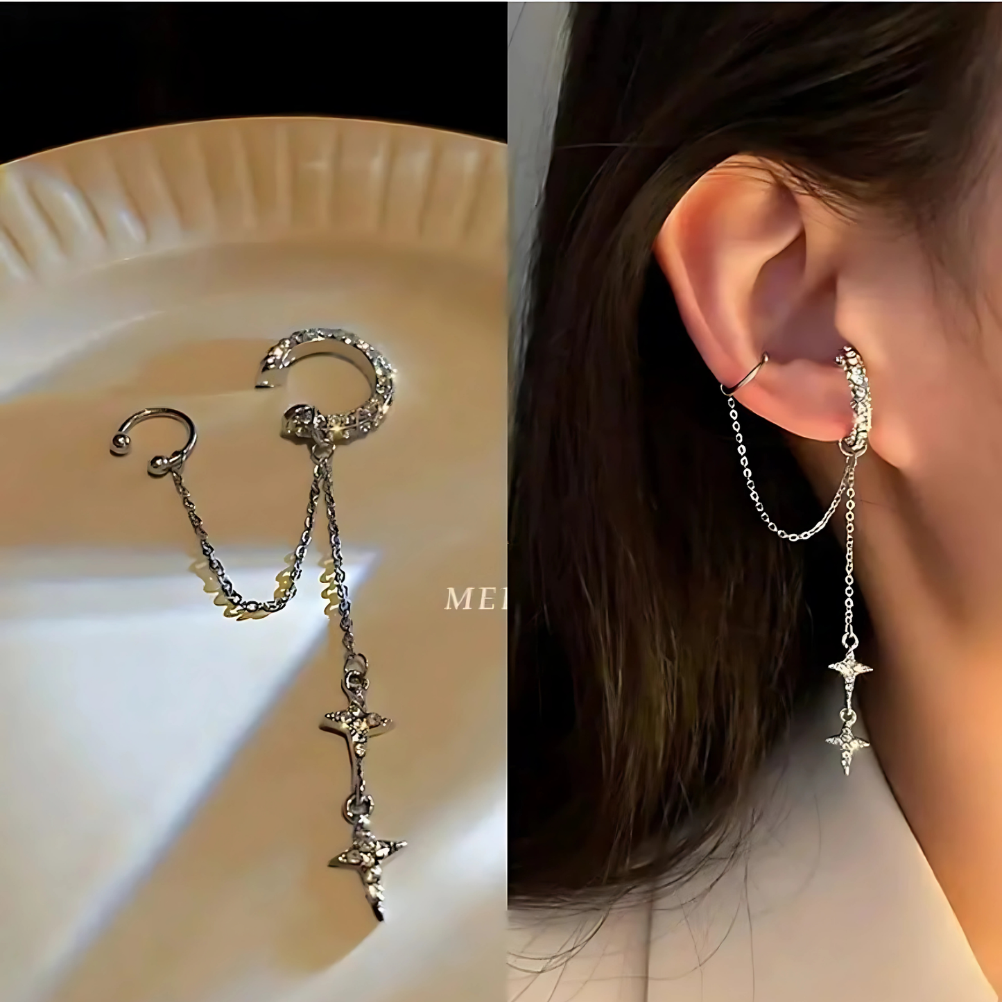 Double Chain Star Ear Cuff Silver