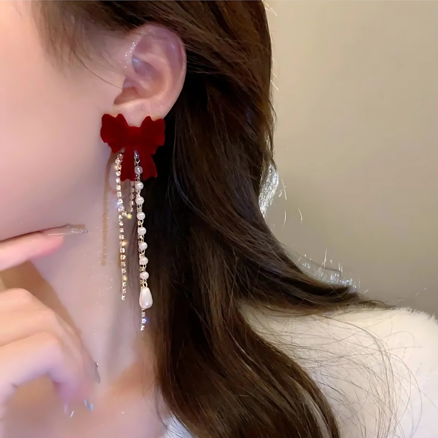 Red Velvet Bow Pearl Earrings