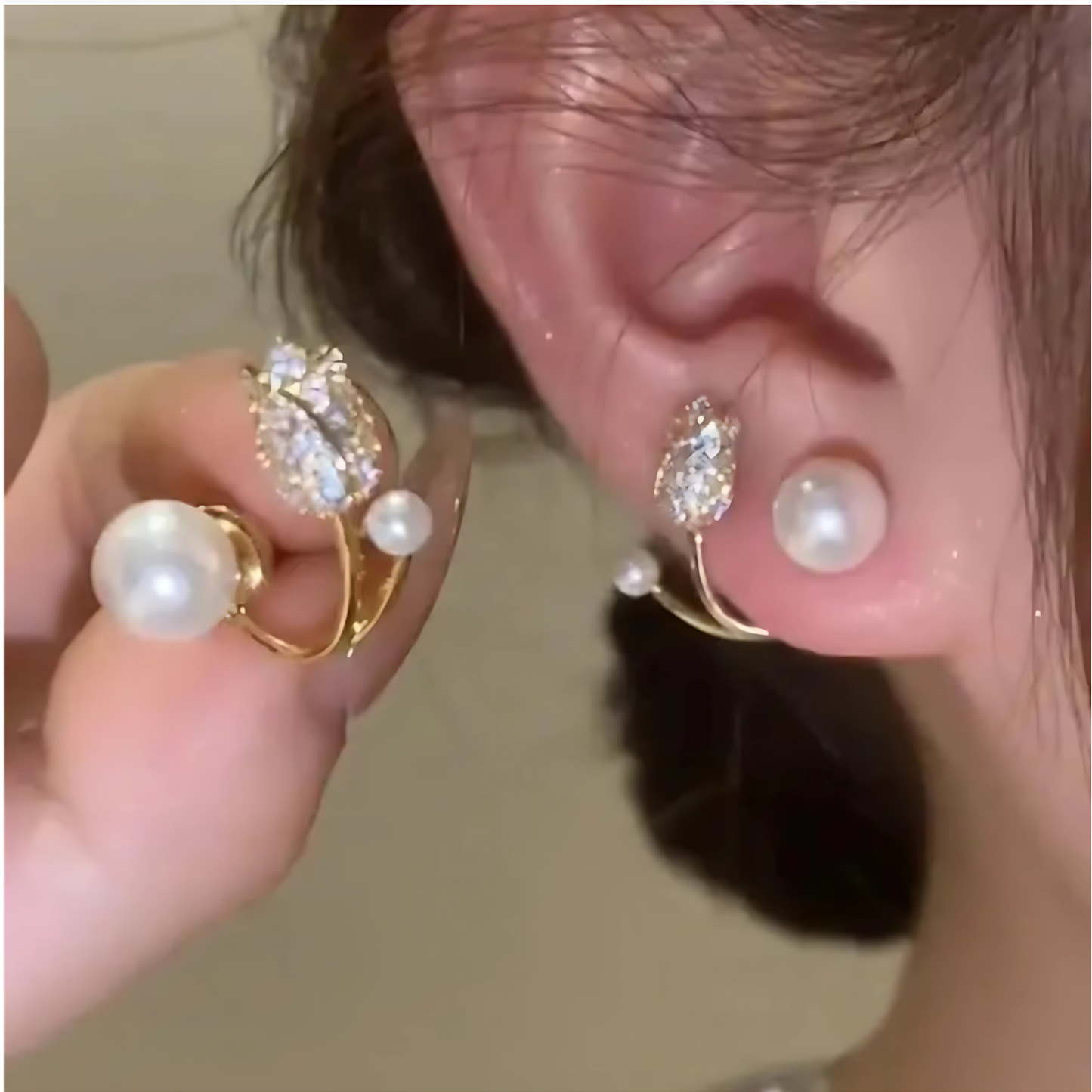 Gold Tone Pearl Crystal Tulip Studs / Elegant Pearl Flower Earrings