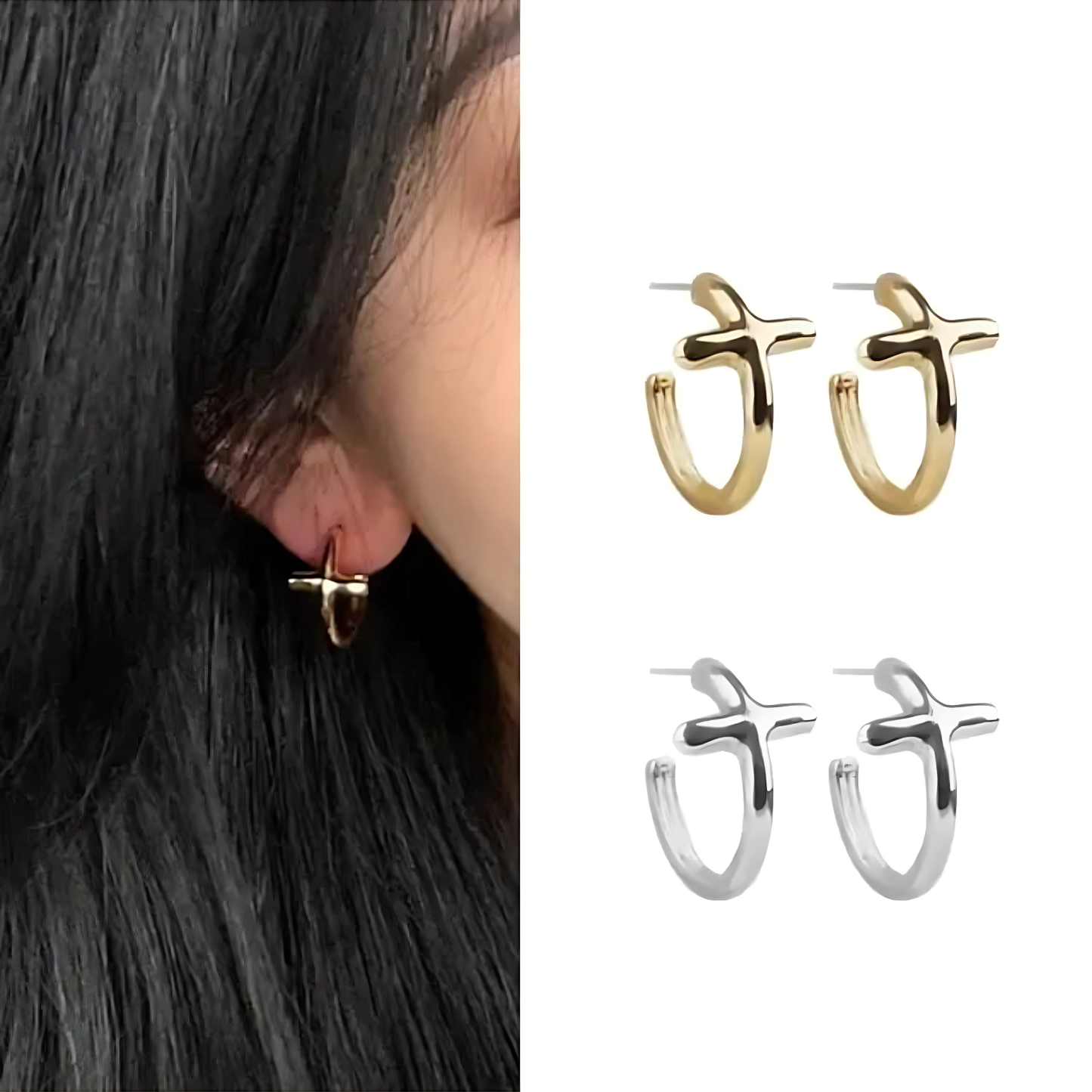 Small Cross Hoop Earrings Gold Silver