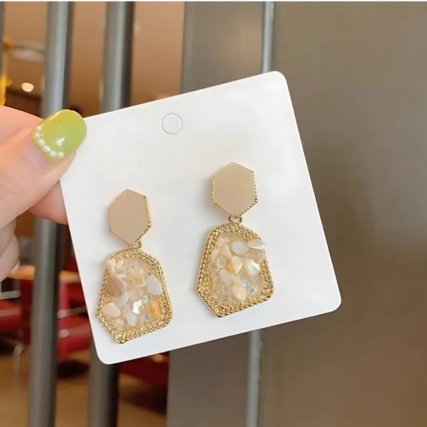 Gold Tone Beige Hexagon Dangles