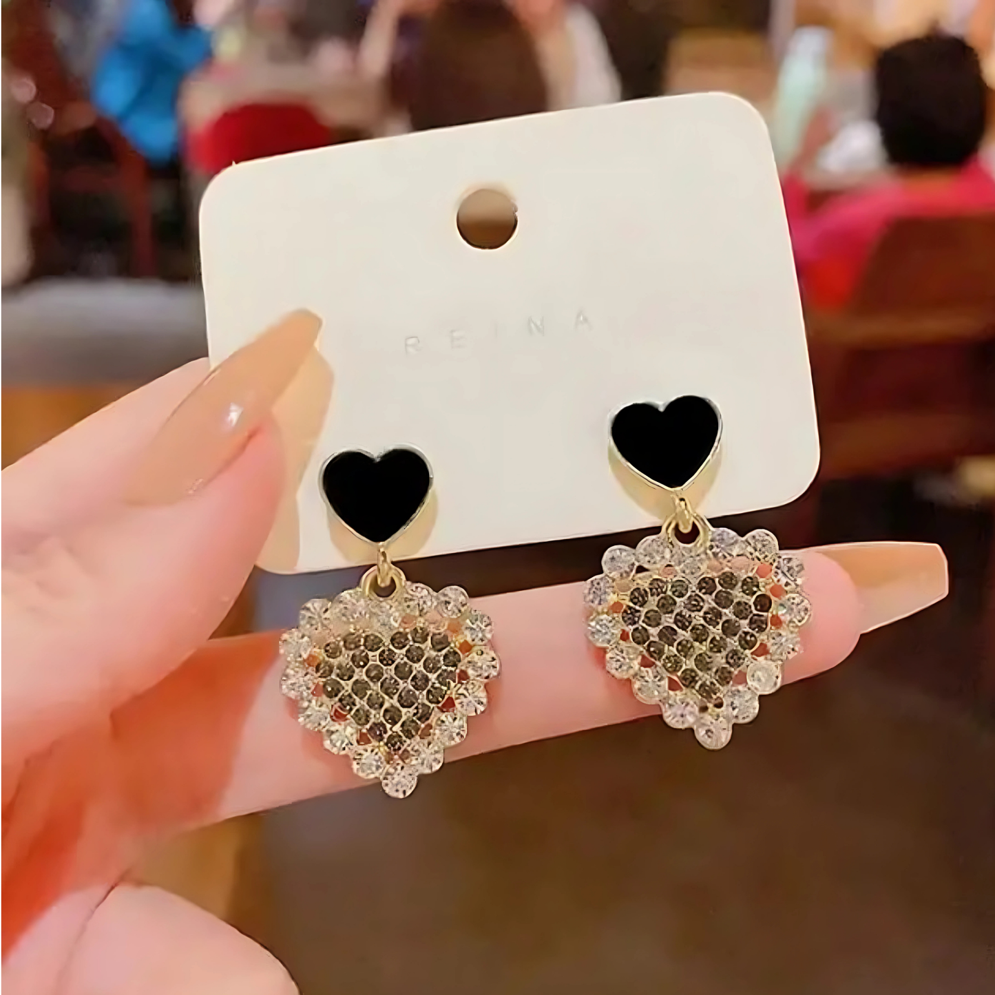 Black Enamel Top Crystal Heart Dangles