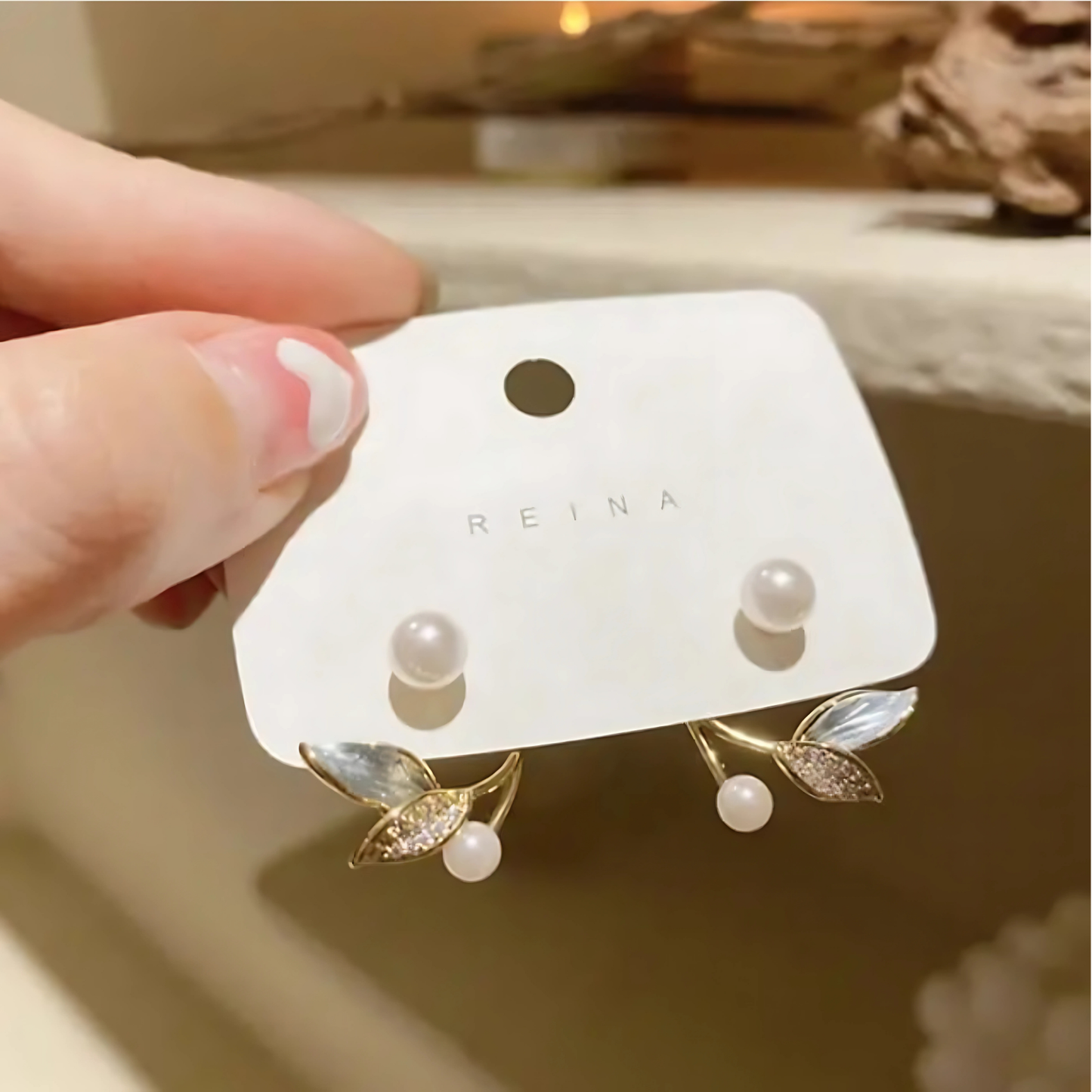 Gold Tone Pearl Crystal Leaf Studs