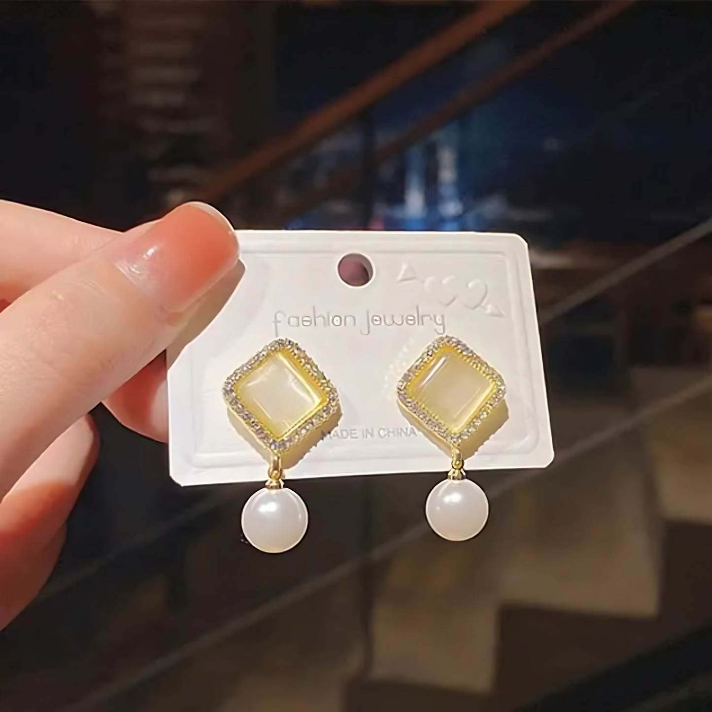 Gold Tone Crystal Square Pearl Earrings