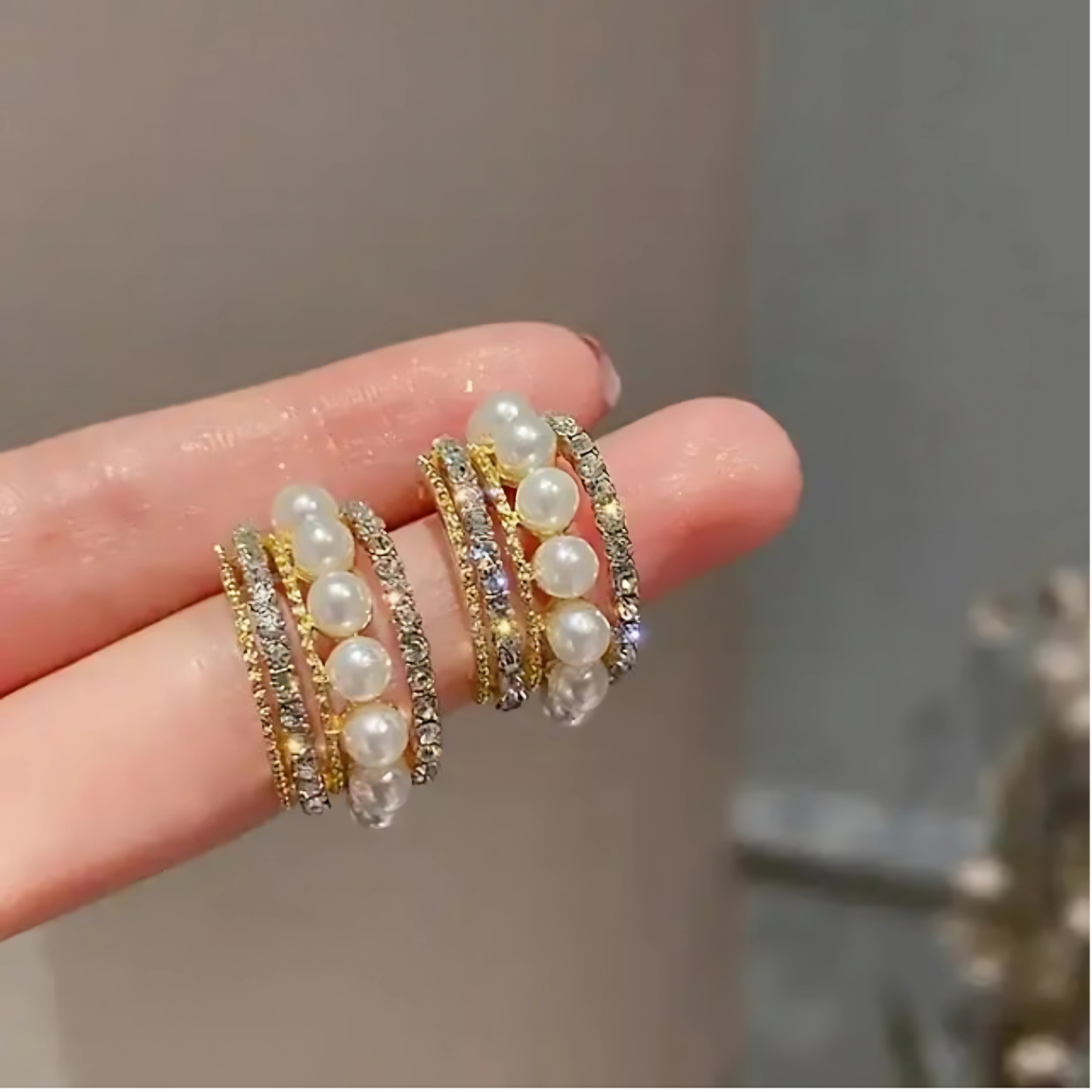 Three Row Pearl Crystal Hoop Earrings
