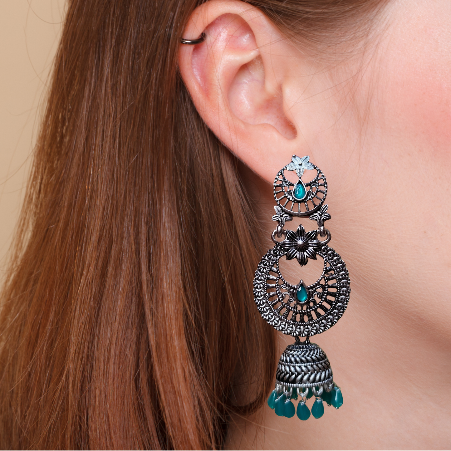 Elegant Pastel Dark Green Gemstone Oxidized Silver-Tone Jhumka Earrings