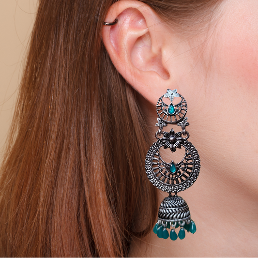 Elegant Pastel Dark Green Gemstone Oxidized Silver-Tone Jhumka Earrings