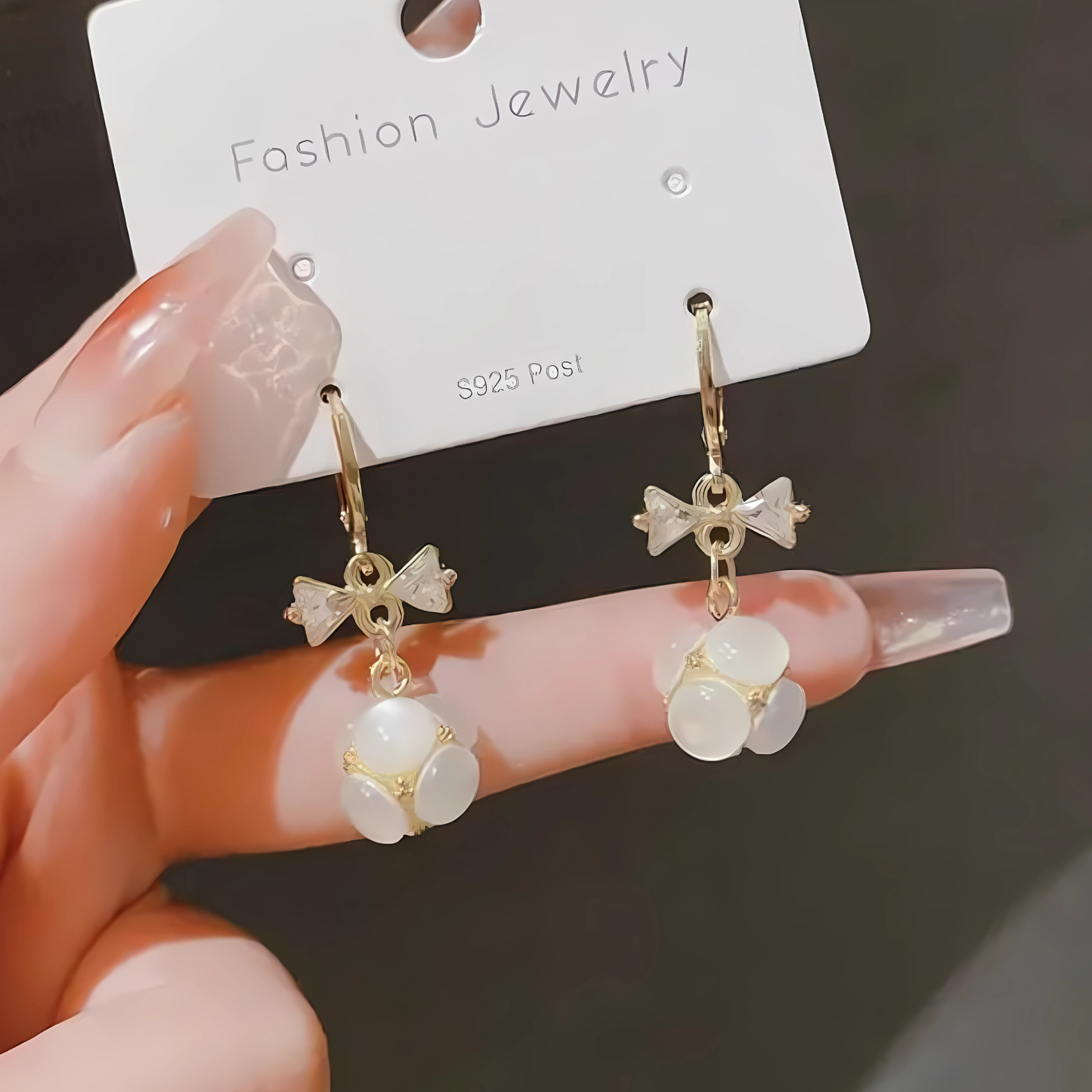 Gold Tone White Opalite Cluster Bow Earrings