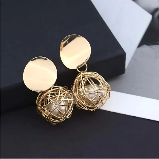 Gold Plated Nest Pearl Drop Earrings