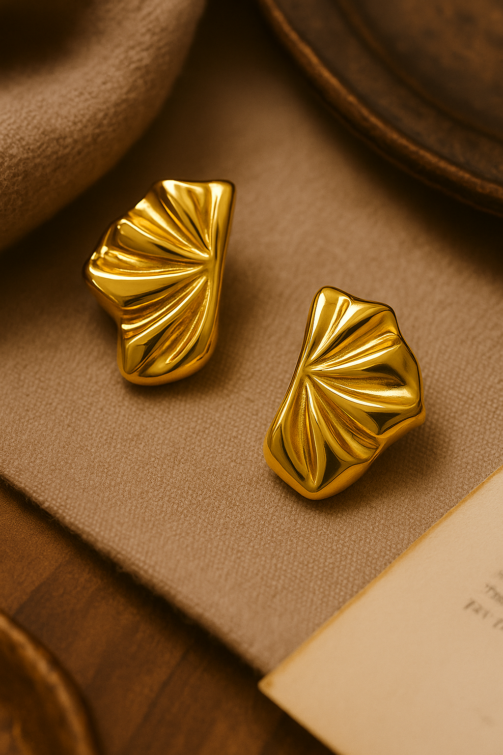 Anti-tarnish gold-plated sculptural hoop earrings with pleated fan design for women
