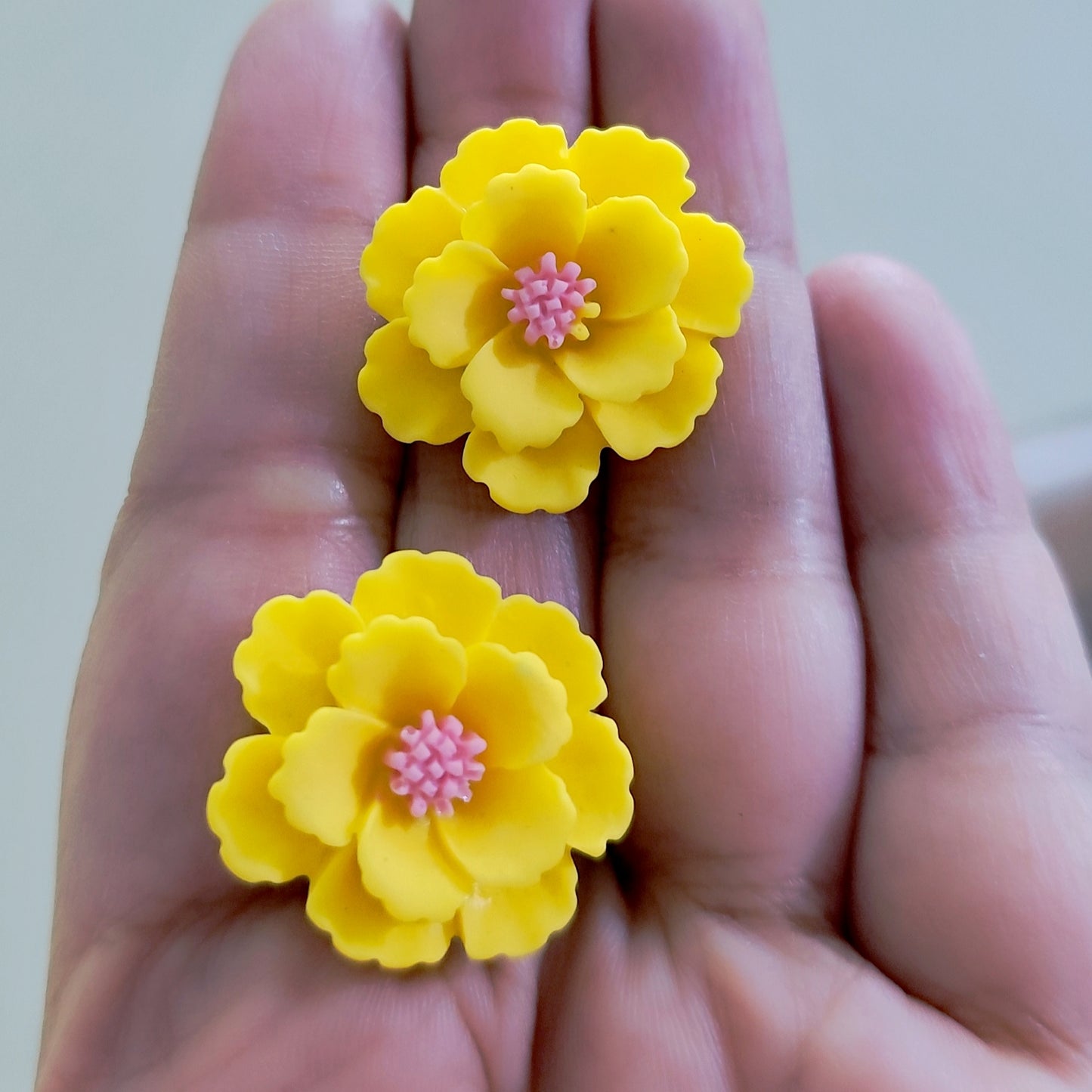 Artisan-crafted yellow polymer clay earrings – lightweight floral design perfect for summer and festive wear