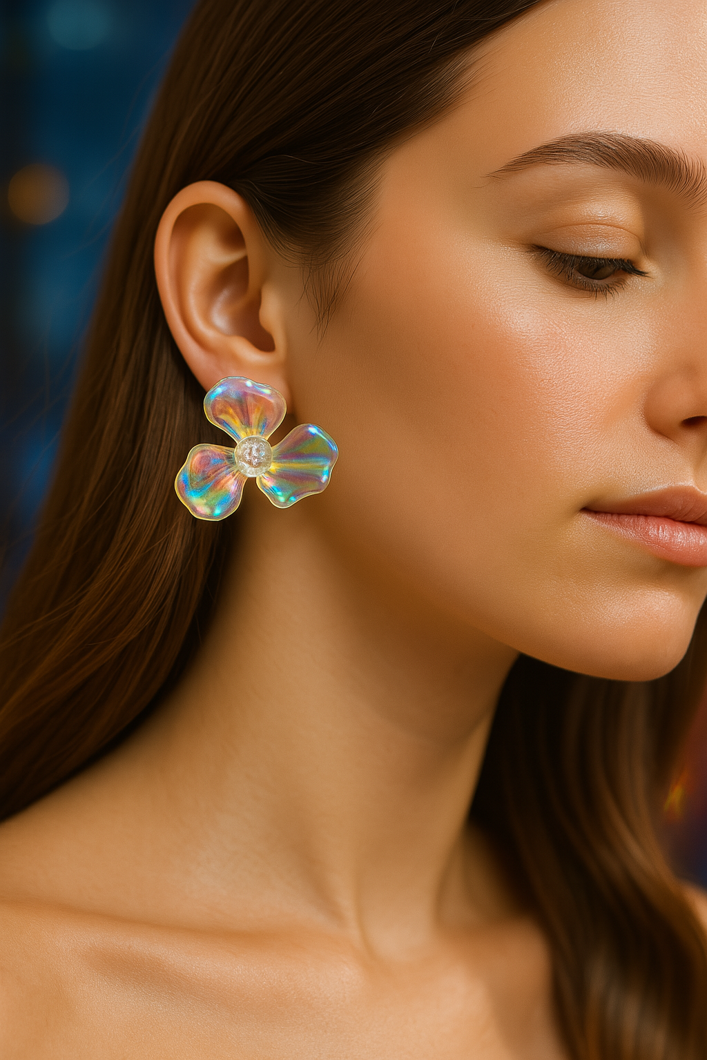 Holographic transparent flower earrings, reflective acrylic floral studs, vibrant accessory