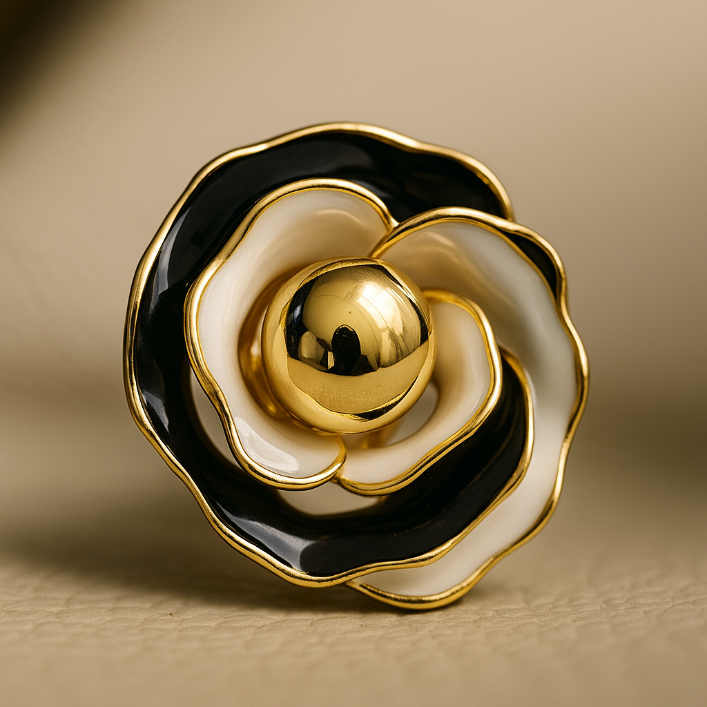 Black and white enamel flower stud earrings with golden center – bold designer floral jewelry for women