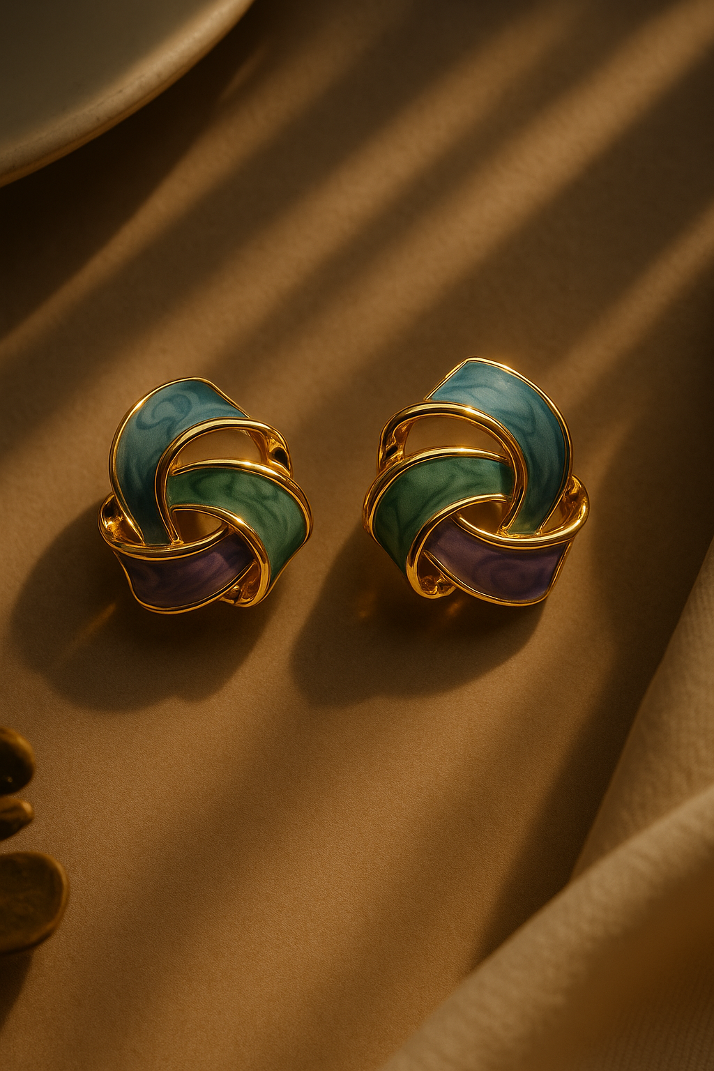 Abstract knot stud earrings featuring pastel blue, mint green, and lavender enamel – perfect for festive and office wear.