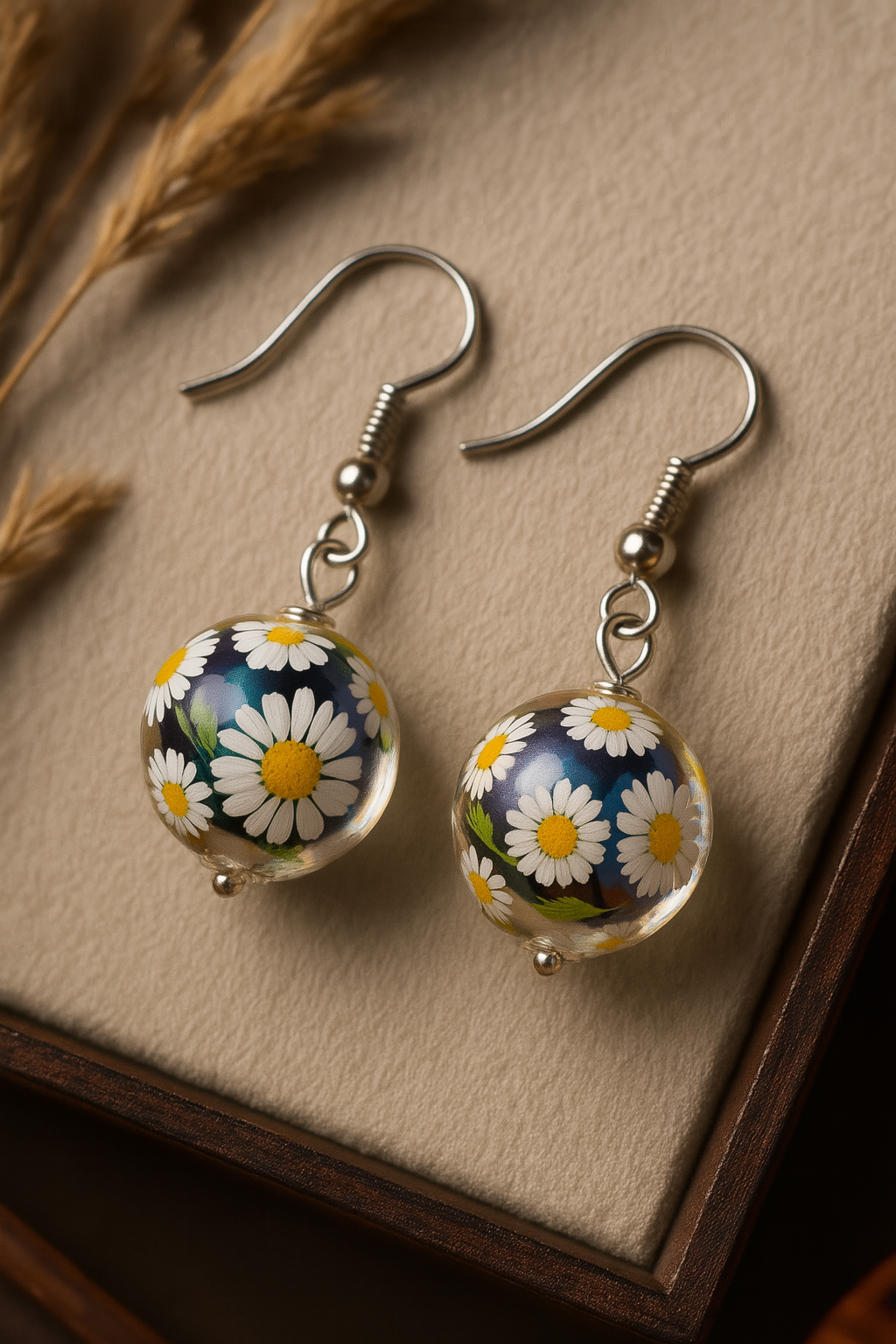 Boho-style handcrafted earrings with botanical daisy design and silver hook fittings