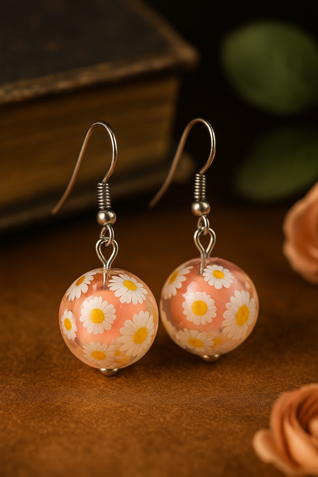 Boho-style handmade earrings with transparent peach domes and daisy flower details