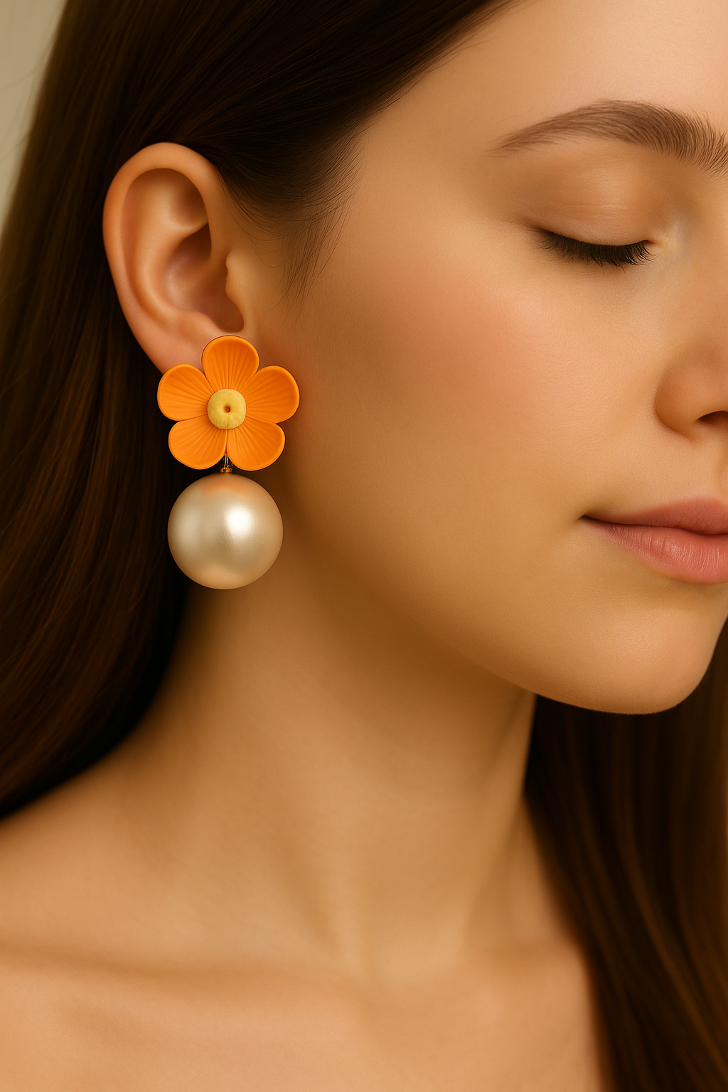 Matte orange acrylic flower earrings with faux pearl dangle, fun summer fashion accessories