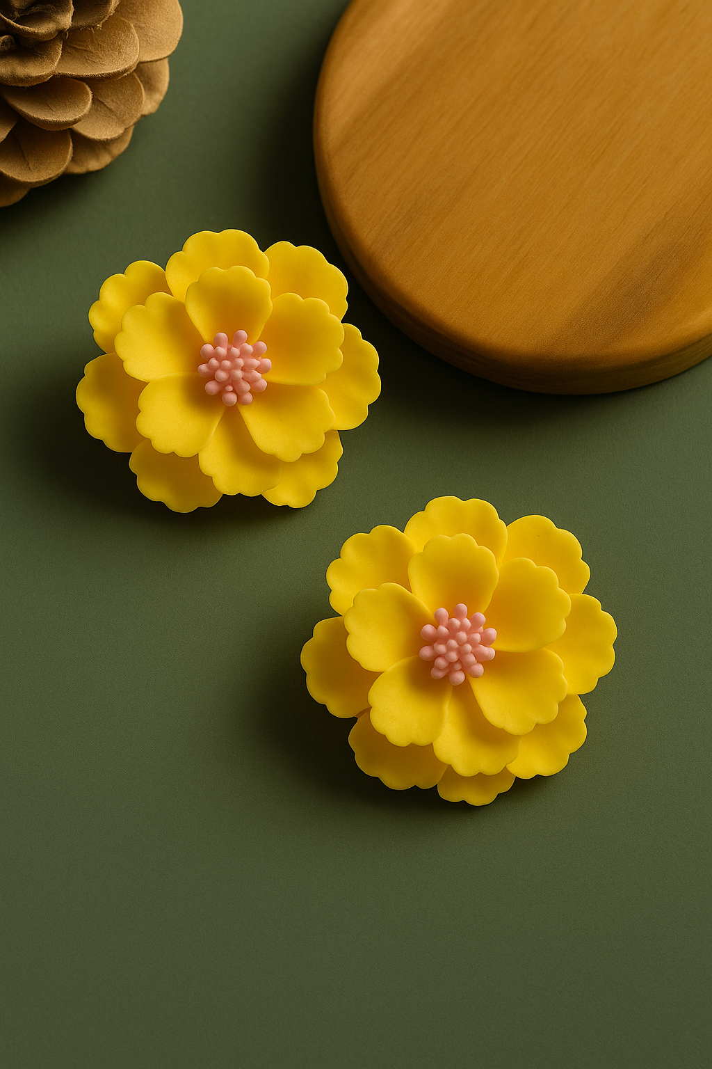 Bright yellow handmade clay flower earrings with pink center – bold floral statement studs for women