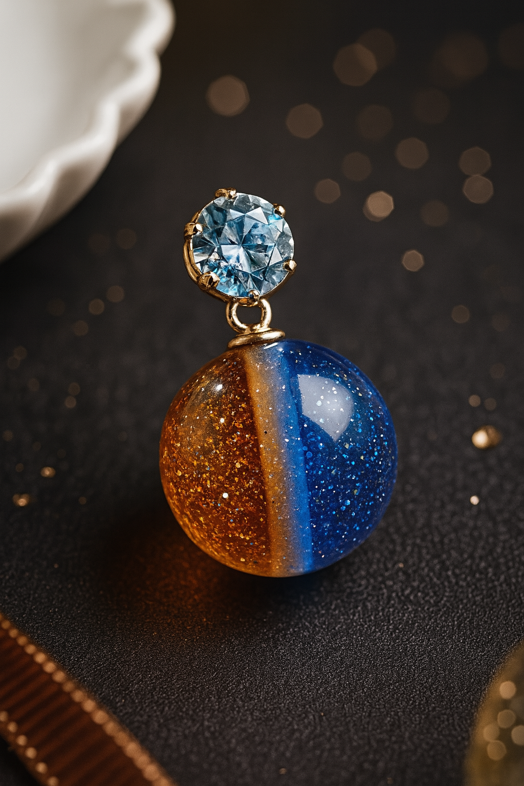 Chic Two-Tone Blue Orange Sphere Earrings with Sparking CZ Top