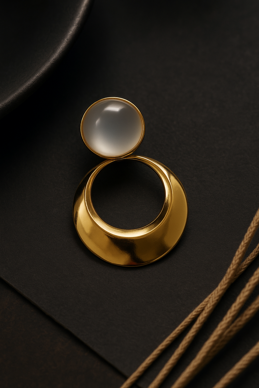 Chic gold half-moon drop earrings with a creamy white orb accent, sophisticated everyday wear, versatile jewelry