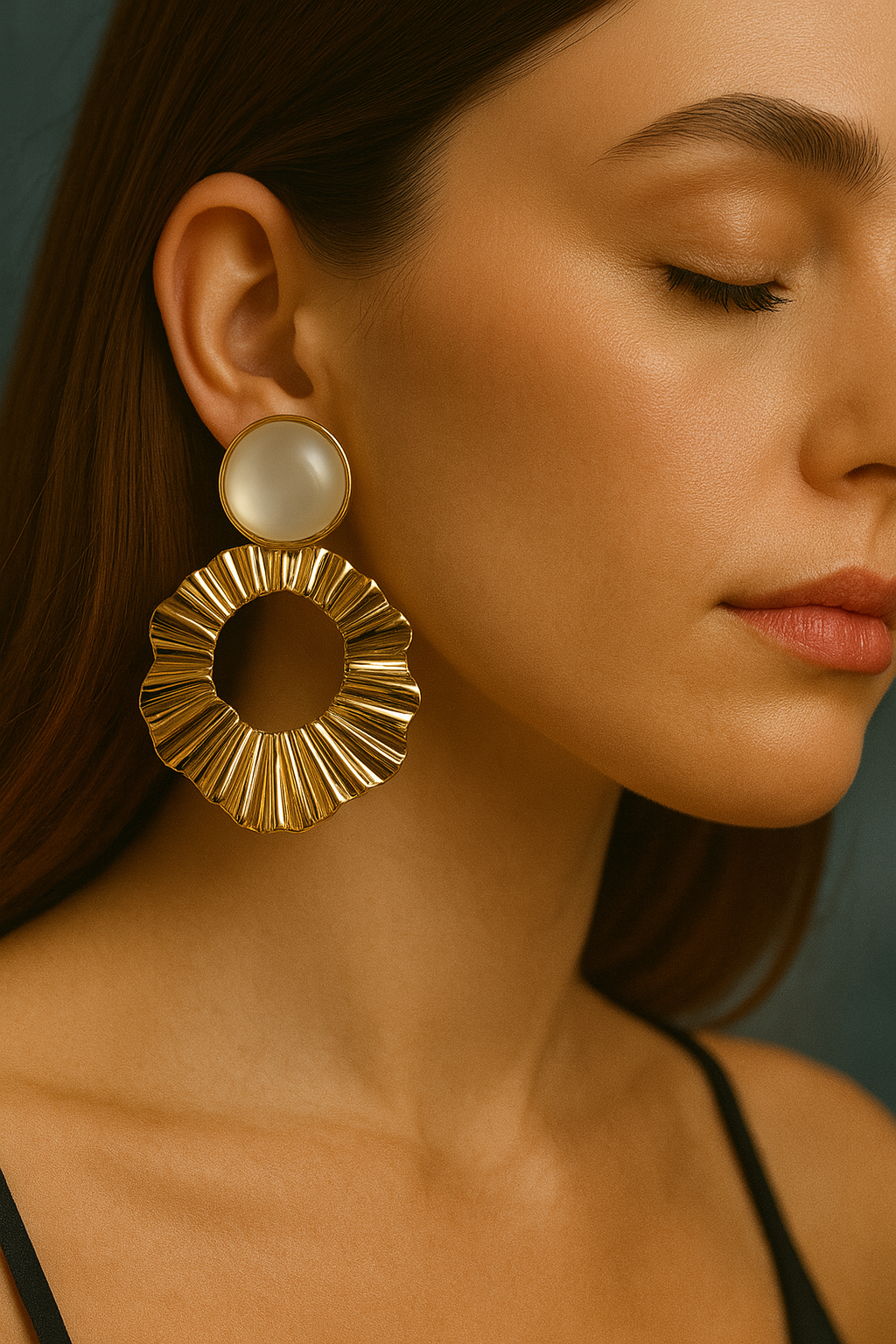 Chic gold sunburst effect earrings with round white accent, vintage inspired glam jewelry, occasion wear
