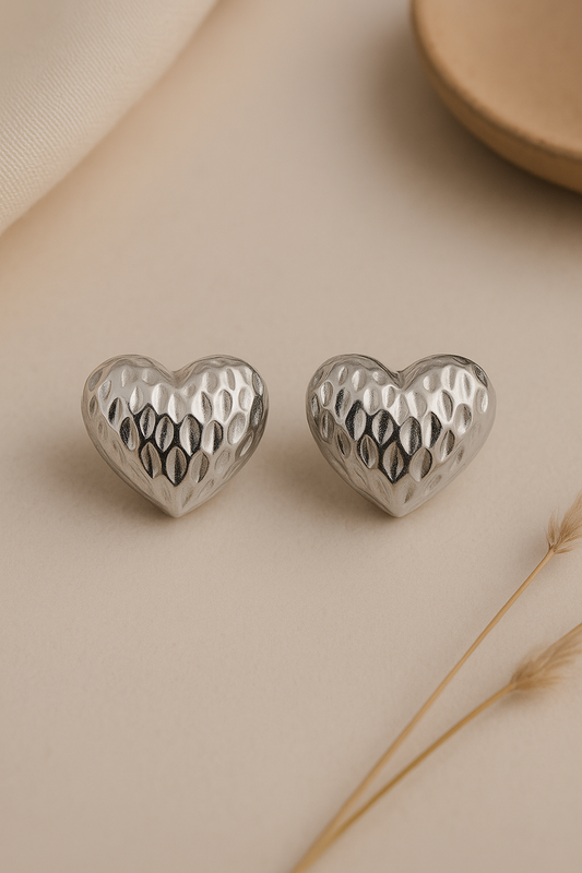 Chunky Silver Heart Stud Earrings | Honeycomb Textured Love Jewelry | Kurlywurly
