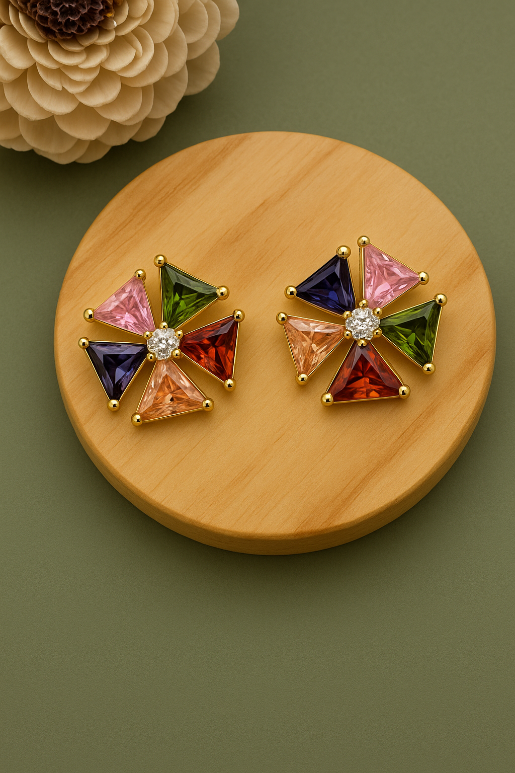 Colorful geometric anti-tarnish stud earrings with multicolor triangle crystals and gold finish for women