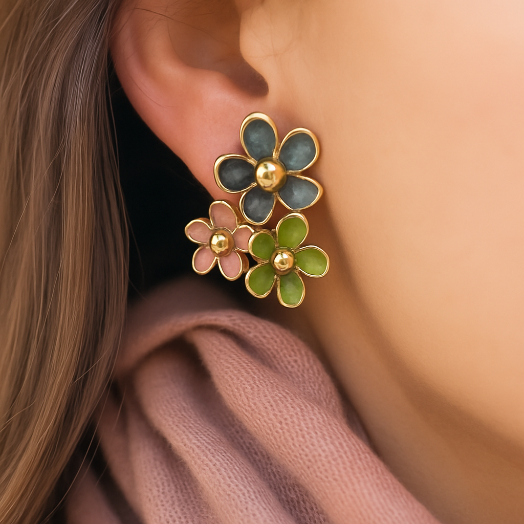 Unique enamel flower earrings with gold finish, vibrant botanical design