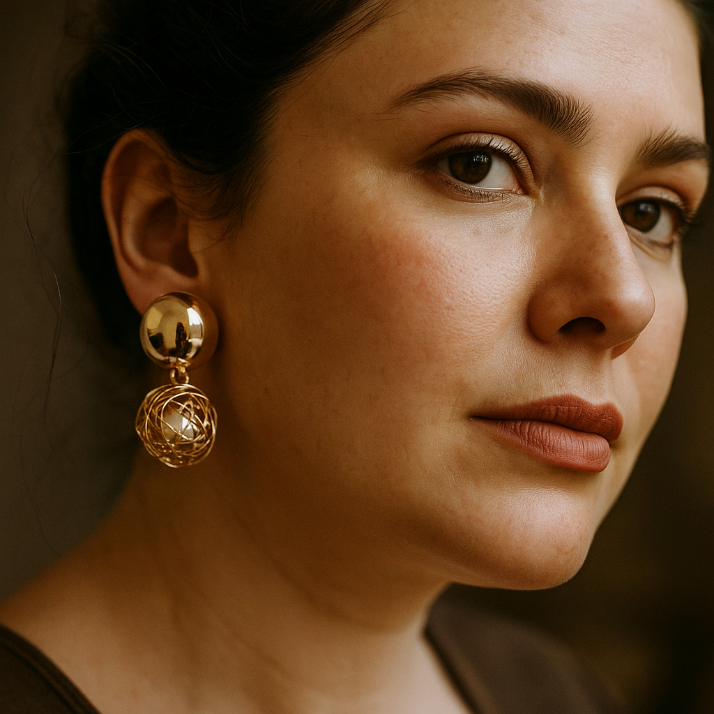 Contemporary gold mesh drop earring with inner pearl – handcrafted fashion jewelry for upscale occasions