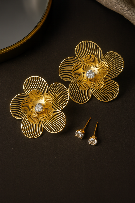 Contemporary gold wire flower earrings with gemstone center – stylish party wear accessory