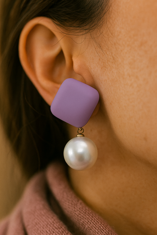 Contemporary lavender matte earrings with white pearl drops – elegant handmade accessory for festive and casual looks