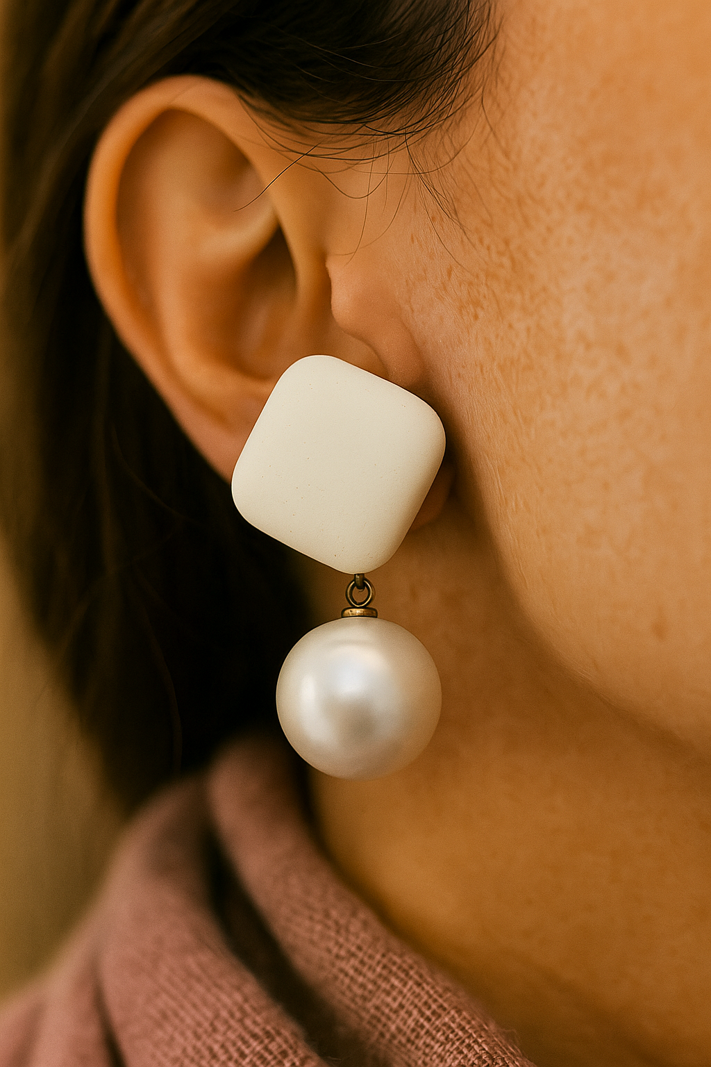 Cream enamel stud and pearl earrings – elegant geometric earrings for festive and casual looks