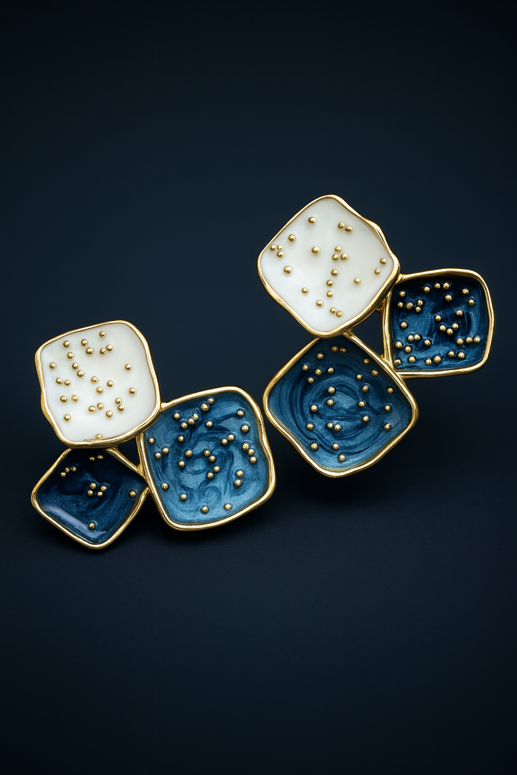 Dual-tone abstract square earrings with metallic beads – artistic handmade jewelry for women